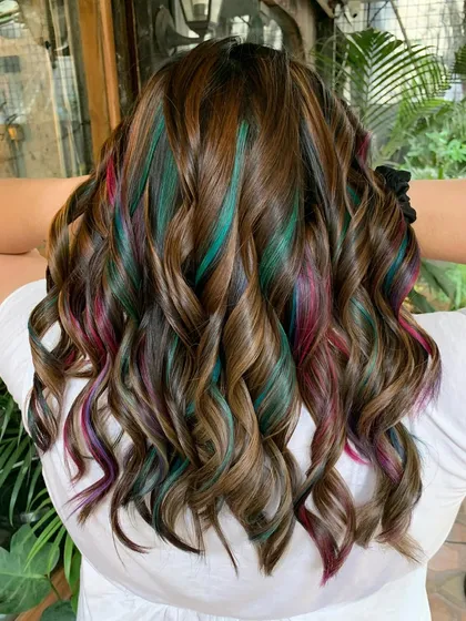 Another angle of the 'Gems and Chocolate' hair, showing how the different colors are intertwined.