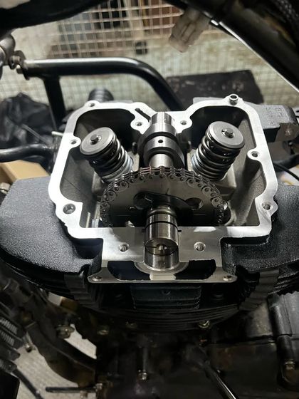 The top view of the Royal Enfield Himalayan engine head, with the new valves and camshaft correctly timed and installed.