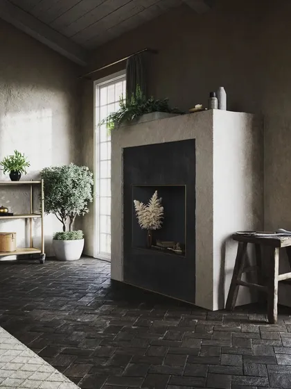 This interior concept explores a rustic and earthy aesthetic. The design features dark herringbone floor tiles, textured plaster walls, and simple, functional furniture, creating a space that feels grounded and serene.