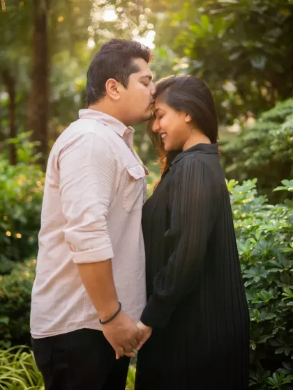 A tender moment from an outdoor maternity shoot. The father-to-be gently kisses his partner's forehead, a quiet promise of the love to come.