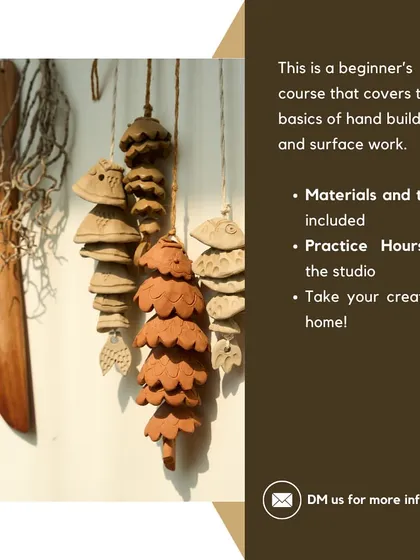 Our Jan-Feb weekend handbuilding course announcement, featuring beautiful ceramic wind chimes made by students.