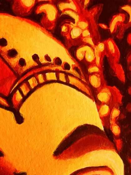 A macro shot of the 'Kantara' artwork, focusing on the details of the traditional headwear. Every dot and line is painted with a fine brush to ensure accuracy and texture.