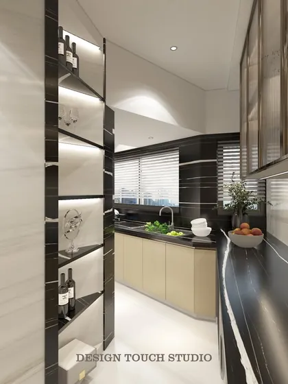 A render of the kitchen entryway, featuring a stylish, backlit wine and glassware rack that adds a touch of luxury.