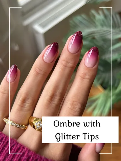 A beautiful ombre design that transitions from a natural nude base to deep burgundy tips. A sprinkle of fine glitter on the ends adds a touch of festive sparkle, perfect for any special occasion.