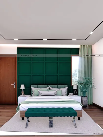 A 3D visualization for a master bedroom, featuring a bold, emerald green paneled headboard wall. We use color and texture to create a focal point and add personality to a room.
