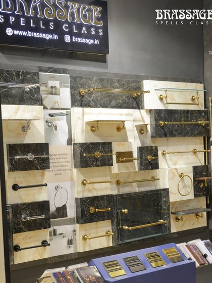Our display of bathroom accessories at IndiaWood 2025. We offer complete hardware solutions, including towel bars, shelves, and rings, allowing for a cohesive design language across every room.