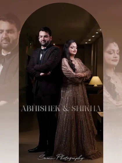 A stylish portrait of the engaged couple, with their names and a creative overlay effect.