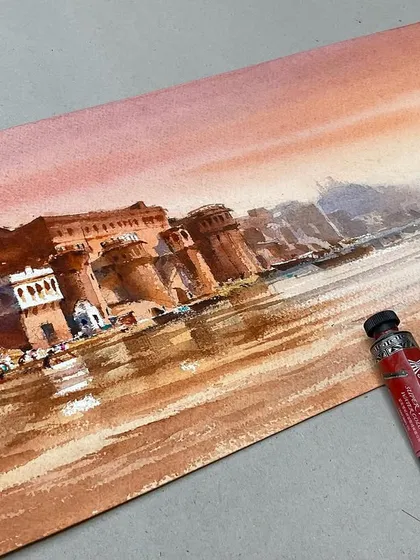 Another angle of the Varanasi sketch, showing the texture of the paper and the vibrancy of the colours.