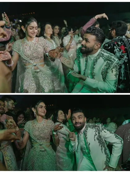 Candid moments of the couple dancing and having fun together. These genuine smiles and playful interactions are the heart of the celebration.