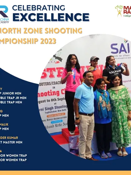A collage celebrating the outstanding performances of our athletes at the 42nd North Zone Shooting Championship, where they won multiple medals in trap, double trap, and skeet events.