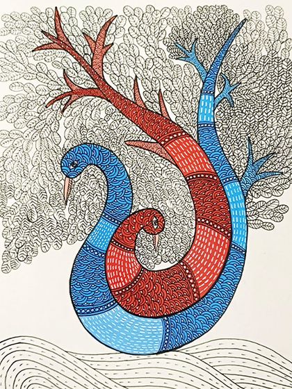 An example of Gond art, a tribal art form from Madhya Pradesh. This painting of two birds forming a tree is filled with the intricate patterns and dots characteristic of the style.
