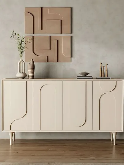 Another view of the modern contemporary sideboard, showing the continuity of the abstract carved pattern across the four doors.
