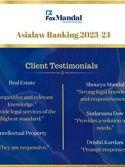 Client testimonials from the asialaw rankings, praising our Real Estate and Intellectual Property teams for providing legal services of the highest standard with strong legal knowledge and responsiveness.