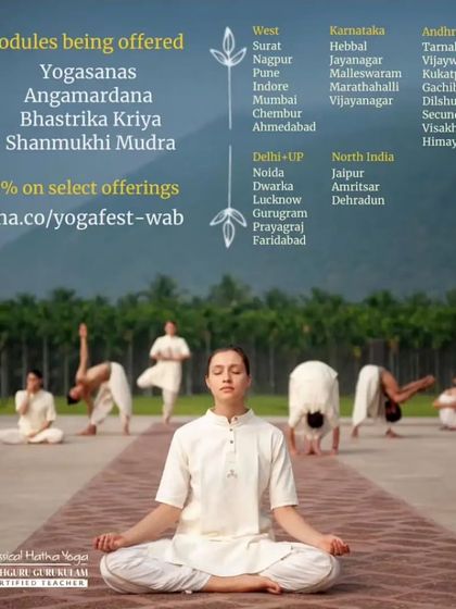 This poster details the modules and locations for the Hatha Yoga Fest, a wonderful opportunity to learn Yogasanas, Angamardana, and other practices with a special discount.
