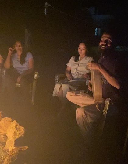 Evenings are often spent around a bonfire, sharing stories, singing kirtan, and connecting under the stars. The fire provides warmth and a focal point for our community to gather and share in spiritual fellowship.