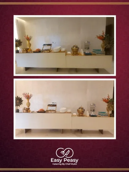 A minimalist and modern dessert and beverage station for a sophisticated indoor event. This clean setup is perfect for corporate gatherings or contemporary parties.