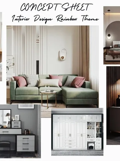 Another "Rainbow Theme" concept sheet, this one leaning towards softer pastel shades of green and pink. It showcases ideas for a living room, bedroom, and vanity area.