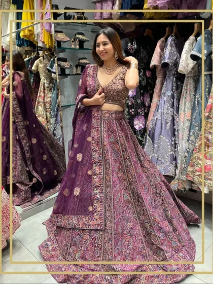 Another view of the stunning purple paisley lehenga. The deep color and detailed threadwork make it a regal choice for a wedding or reception.