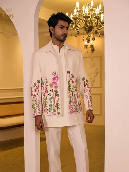 A side profile of the ivory coord set, allowing a better view of the embroidery that wraps around the sleeves. This ensures the outfit is stunning from every angle.