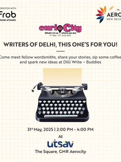 "Writers of Delhi, this one's for you!" An invitation to a writers' meetup at Utsav, positioning us as a hub for the creative community to connect and spark new ideas.