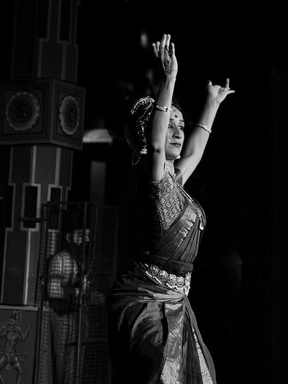 A black and white photo from my temple performance, capturing a moment of devotion.