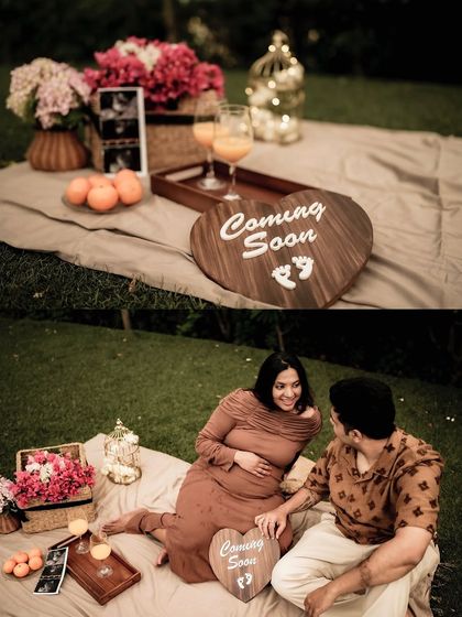 A beautiful picnic setup for a pregnancy announcement, complete with flowers, juice, and a "Coming Soon" sign. The collage shows both the setup and the happy couple enjoying the moment.