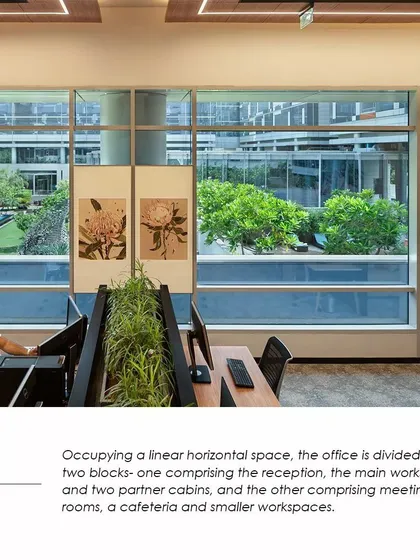 A linear office layout at the APT office, designed to maximize natural light and views for all employees. The space is divided into two blocks for workstations and meeting areas, ensuring a clear and functional flow.