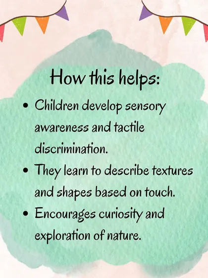 These images detail the materials, benefits, and variations for the Mystery Box game, which encourages curiosity and tactile exploration of natural objects.
