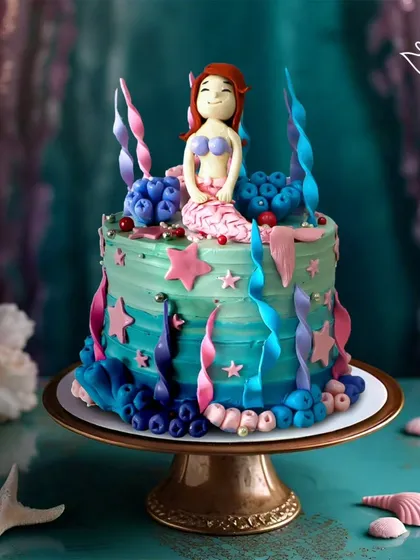 An enchanting mermaid cake with vibrant teal and blue buttercream, decorated with a fondant mermaid, starfish, and swirling seaweed. It's a perfect centerpiece for an under-the-sea party.