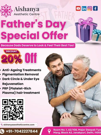 Dads deserve to feel their best too. This Father's Day offer includes a range of grooming and anti-aging treatments, including PRP for hair and laser hair reduction, making it a perfect gift for the modern man.