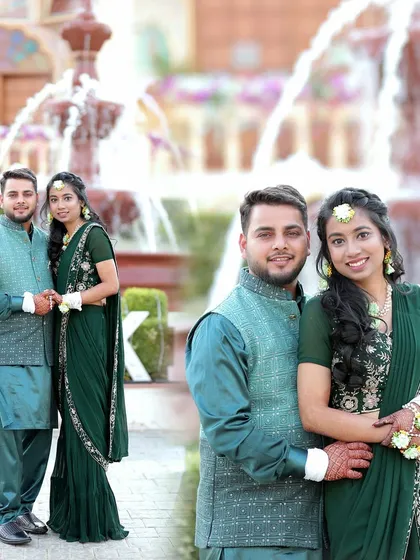 A collage of a couple in green outfits at their Mehendi ceremony in Jaipur.