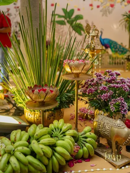 The details of a sacred ceremony are so important. We arranged traditional brass elements, fresh bananas, and floral offerings to create an authentic and beautiful setup for the wedding rituals.