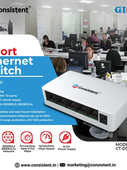 For smaller setups that still demand high performance, our 5-port Gigabit Ethernet Switch provides a powerful yet compact solution. It's a simple plug-and-play device that delivers 1000 Mbps speed for smooth data transfer and online activities.
