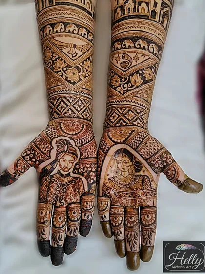 This design showcases a beautiful contrast between the detailed bride and groom portraits and the surrounding traditional patterns. It's a perfect blend of personal story and timeless artistry.