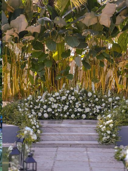 A close-up of the wedding stage decorated with an abundance of white flowers. The large tropical leaves in the background add a touch of natural drama.