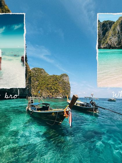 A collage showcasing the iconic long-tail boats and beautiful beaches of the Phi Phi islands. This is paradise.