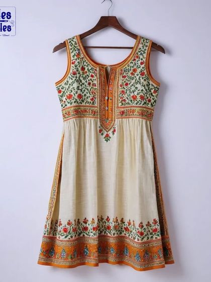 A simple and breezy sleeveless kurti with beautiful floral embroidery. This is a perfect example of comfortable and stylish everyday wear, tailored for the perfect fit.