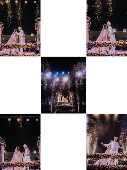 A spectacular Varmala ceremony on a grand, elevated stage with fireworks. A truly unforgettable moment for Aaisha and Hiten.