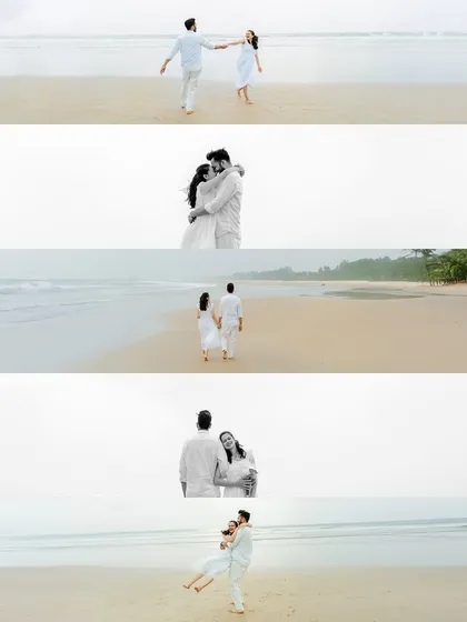 A beautiful collage of moments from a beach shoot, mixing color and black and white to create a dynamic and emotional summary.