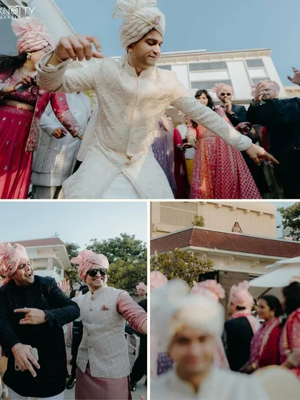 The groom and his friends dancing with full energy during the baraat. We capture the excitement and joy of the groom's procession.