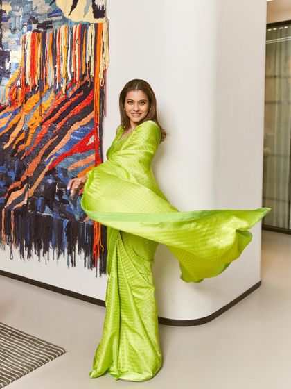 Kajol brings a vibrant energy in this lime green belted saree, a modern and playful take on traditional wear for the 'Do Patti' promotions.