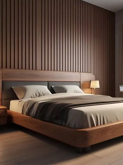 A bedroom design focused on natural textures, with a full-wall wood fluted panel behind the bed. The simple wooden bed frame and matching nightstands create a warm, minimalist, and calming environment.