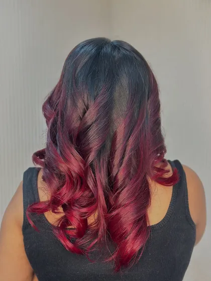 Another angle of the red ombre, showing the beautiful curls and the rich, deep tones.