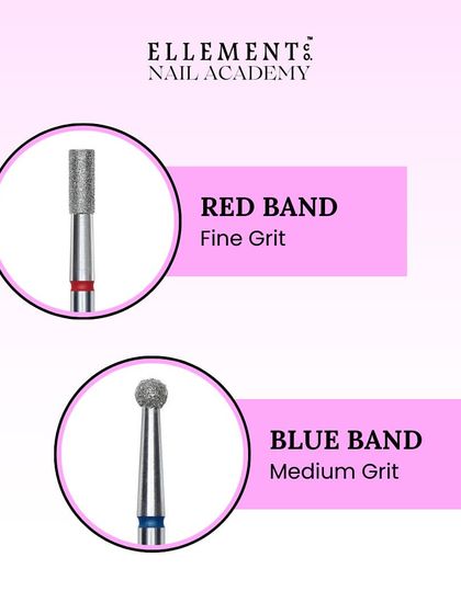 A red band on a drill bit indicates a fine grit, perfect for delicate work, while a blue band indicates a medium grit for more general shaping.