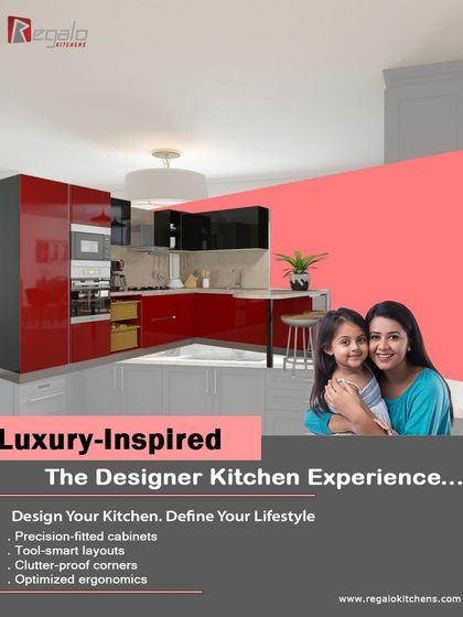 The designer kitchen experience, inspired by luxury and approved by family. This ad showcases a bold red kitchen and lists our focus on precision-fitted cabinets and clutter-proof corners.
