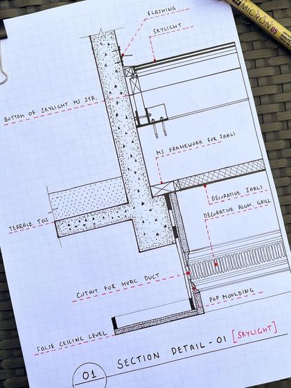 A hand-drawn section detail of a skylight. This sketch is a critical part of the design process, resolving how the decorative jaali, MS framework, and lighting will come together to create a seamless and beautiful architectural feature.
