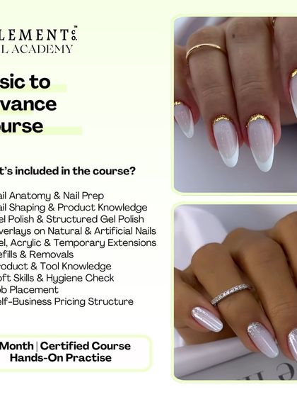 A complete look at our one-month 'Basic to Advance' certified course. It includes everything from nail anatomy and product knowledge to job placement and self-business pricing structure.