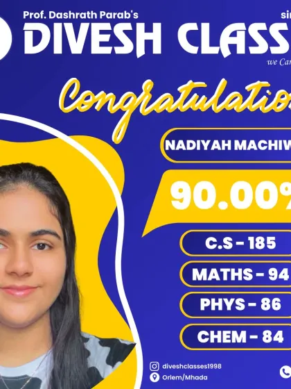 We celebrate Nadiyah Machiwala's achievement of scoring 90% in her HSC Science board exams. Her excellent marks in Computer Science and Maths highlight the quality of our coaching for technical subjects.