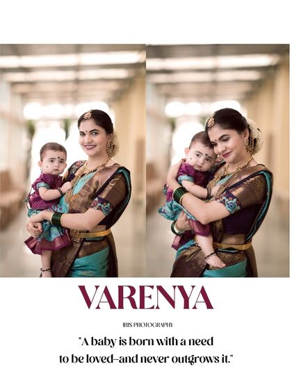 A beautiful diptych of a mother holding her baby, both dressed in traditional sarees. The mother's loving smile and the baby's sweet expression make for a timeless family portrait.