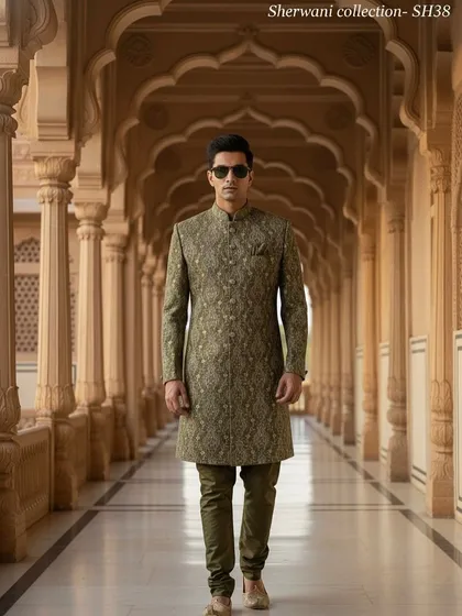 We don't forget the men. This olive green sherwani is pure regal elegance, with detailed gold and silver threadwork that catches the light beautifully. It's a sophisticated choice for any wedding function, from the mehendi to the main event.